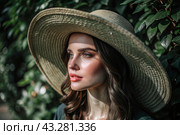 Summer vacation on the beach, Close-up of a beautiful woman in a straw hat. Summer time. Rest and vacation, a place to copy. Стоковое AI-изображение, AI-художник Photojuli / Фотобанк Лори