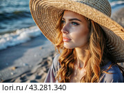 Summer vacation on the beach, Close-up of a beautiful woman in a straw hat. Summer time. Rest and vacation, a place to copy. Стоковое AI-изображение, AI-художник Photojuli / Фотобанк Лори