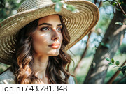 Summer vacation on the beach, Close-up of a beautiful woman in a straw hat. Summer time. Rest and vacation, a place to copy. Стоковое AI-изображение, AI-художник Photojuli / Фотобанк Лори