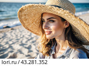 Summer vacation on the beach, Close-up of a beautiful woman in a straw hat. Summer time. Rest and vacation, a place to copy. Стоковое AI-изображение, AI-художник Photojuli / Фотобанк Лори