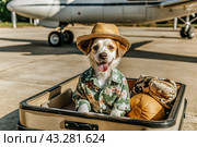 A stylish puppy on a journey, a charming funny dog in a Hawaiian shirt and hat, sitting in an open suitcase. The concept of summer holidays and traveling with animals. Стоковое AI-изображение, AI-художник Photojuli / Фотобанк Лори