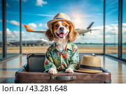 A stylish puppy on a journey, a charming funny dog in a Hawaiian shirt and hat, sitting in an open suitcase. The concept of summer holidays and traveling with animals. Стоковое AI-изображение, AI-художник Photojuli / Фотобанк Лори