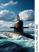 Scene of surfaced unknown nuclear submarine at north waters in open sea/ocean. Sub military control of sea, protection of water. Naval forces army, military war technology concept. Copy ad text space. Стоковое AI-изображение, AI-художник Aleksandr Golubev / Фотобанк Лори
