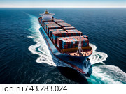 Aerial view of container ship sailing in open sea/ocean on skyline, daytime. Export freight transportation by container ship. Cargo shipping business logistics import concept. Copy ad text space. Стоковое AI-изображение, AI-художник Aleksandr Golubev / Фотобанк Лори