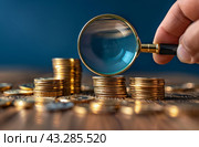 Hand Holding Magnifying Glass Over Stacks of Gold Coins on Table. Стоковое AI-изображение, AI-художник Юлия Гапеенко / Фотобанк Лори