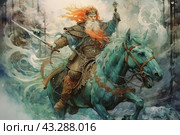 A mighty warrior with a fiery red beard and long hair, sitting on a massive war horse. The warrior is dressed in detailed armor, holding a sword in one hand and a battle banner in the other. The stage background is made in a fantasy style with swirls of magical energy and snowy mountains in the background. The image conveys power and grandeur, creating an atmosphere of epic battle and heroism. Стоковое AI-изображение, AI-художник Анна Кривицкая / Фотобанк Лори