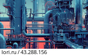 High-tech industrial infrastructure filled with pipes, tanks and various metal structures. The background is made in bright red and blue tones, which gives the picture a futuristic and technogenic look. Factory elements are structured and ordered, which emphasizes the modernity and innovation of production. Стоковое AI-изображение, AI-художник Анна Кривицкая / Фотобанк Лори