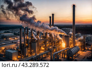 Industrial factory with furnace and heat exchanger cracking hydrocarbons, sunset. Equipment petrochemical plant. Manufacturing and industry technology concept. Gen ai illustration. Copy ad text space. Стоковое AI-изображение, AI-художник Aleksandr Golubev / Фотобанк Лори