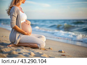 Relaxation, peace of mind, sea air. Close-up of the tummy. A pregnant woman on the beach by the sea. The concept of pregnancy, childbirth and parental responsibilities. Стоковое AI-изображение, AI-художник Photojuli / Фотобанк Лори