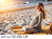 Relaxation, peace of mind, sea air. Close-up of the tummy. A pregnant woman on the beach by the sea. The concept of pregnancy, childbirth and parental responsibilities. Стоковое AI-изображение, AI-художник Photojuli / Фотобанк Лори