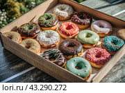 Delicious dessert. A sick box of different donuts with colorful sprinkles on the table. Confectionery products. Стоковое AI-изображение, AI-художник Photojuli / Фотобанк Лори