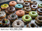 Delicious dessert. A sick box of different donuts with colorful sprinkles on the table. Confectionery products. Стоковое AI-изображение, AI-художник Photojuli / Фотобанк Лори