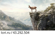 A deer is standing on the edge of a cliff, looking out over the landscape below. Стоковое AI-изображение, AI-художник Данила Большаков / Фотобанк Лори