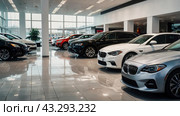 Car showroom with a magnificent view of the cars for sale. car dealer with many cars indoors. Стоковое AI-изображение, AI-художник Терехова Марина / Фотобанк Лори