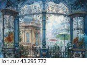 View from the balcony of an ancient street with architectural structures. The balcony is decorated with exquisite metal grilles with ornate patterns and columns, adding elegance and sophistication to the scene. In the background are buildings with richly decorated facades, arches and columns. There are colorful umbrellas above the street, creating an atmosphere of comfort and protection from the sun. Green trees and shrubs grow around the buildings, adding natural charm to the cityscape. The color scheme includes soft shades of blue, green and beige, creating a harmonious and calm impression. Стоковое AI-изображение, AI-художник Анна Кривицкая / Фотобанк Лори