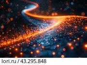 Abstract composition made in dark and bright shades. Orange and blue glowing dots create a sense of movement and dynamics, reminiscent of the flow of energy or glowing particles in space. Light lines curve and intersect, creating the illusion of space and depth. The picture is filled with a futuristic atmosphere and evokes associations with technology, science and energy. Стоковое AI-изображение, AI-художник Анна Кривицкая / Фотобанк Лори