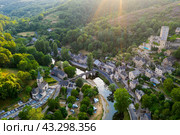 Aerial view of French village of Belcastel with castle in summer. Стоковое фото, фотограф Яков Филимонов / Фотобанк Лори