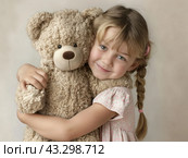 Little Girl Hugging a Teddy Bear. Стоковое AI-изображение, AI-художник Кирилл Черезов / Фотобанк Лори