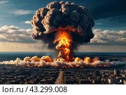 Nuclear explosion of an atomic bomb with fire mushroom cloud at in town's skyline, an apocalyptic war. Nuclear explosion in Earth. Global apocalyptic concept. Gen ai illustration. Copy ad text space. Стоковое AI-изображение, AI-художник Aleksandr Golubev / Фотобанк Лори