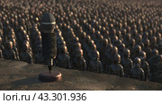 A vast group of soldiers stands in a disciplined formation at dawn, with a microphone on a podium in the foreground, preparing for a speech or announcement. Стоковое AI-изображение, AI-художник Данила Большаков / Фотобанк Лори