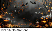 Spooky Halloween Bats Flying Over Jack OLanterns In A Dark Forest. Стоковое AI-изображение, AI-художник Юлия Гапеенко / Фотобанк Лори