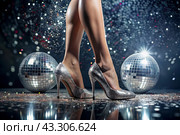 Women's legs in luxurious shiny pumps with heels at a party or disco on the background of a silver mirrored disco ball. The queen of the dance floor. Стоковое AI-изображение, AI-художник Photojuli / Фотобанк Лори