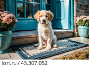 Animal care. The puppy sits patiently at the front door, looking forward to his master and walking with him. Стоковое AI-изображение, AI-художник Photojuli / Фотобанк Лори