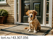 Animal care. The puppy sits patiently at the front door, looking forward to his master and walking with him. Стоковое AI-изображение, AI-художник Photojuli / Фотобанк Лори