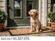 Animal care. The puppy sits patiently at the front door, looking forward to his master and walking with him. Стоковое AI-изображение, AI-художник Photojuli / Фотобанк Лори