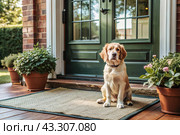 Animal care. The puppy sits patiently at the front door, looking forward to his master and walking with him. Стоковое AI-изображение, AI-художник Photojuli / Фотобанк Лори