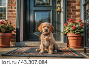 Animal care. The puppy sits patiently at the front door, looking forward to his master and walking with him. Стоковое AI-изображение, AI-художник Photojuli / Фотобанк Лори