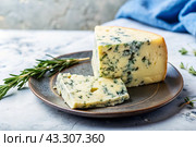 Cheese with mold, a slice of cheese with mold door blue or Roquefort on a cutting board. Delicious food. Стоковое AI-изображение, AI-художник Photojuli / Фотобанк Лори