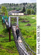 Suspension bridge over the Suenga River. Western Siberia (2024 год). Редакционное фото, фотограф Евгений Мухортов / Фотобанк Лори