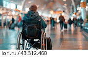 This is a disabled traveler - Moments of checking luggage, queues, waiting in anticipation, which are intertwined in the pulsating rhythm of airport life. Стоковое AI-изображение, AI-художник Ярославский Максим / Фотобанк Лори