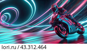 A brightly colored neon motorcycle with a racer in motion. The concept of high speed, futuristic design and racing. Стоковое AI-изображение, AI-художник Ярославский Максим / Фотобанк Лори