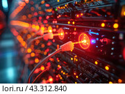 Server center close-up. Numerous cables and LEDs are visible, illuminating the equipment with bright red and orange lights. Cables are connected to various ports and connectors, creating a feeling of intense work and data exchange. The background is blurred, which allows you to concentrate on the details of the foreground and conveys a technological atmosphere. The image symbolizes modern digital infrastructure and high technology. Стоковое AI-изображение, AI-художник Анна Кривицкая / Фотобанк Лори