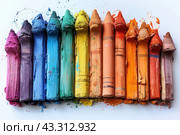 Twelve colored crayons arranged in one row on a white background. Crayons come in a variety of colors, including pink, purple, blue, green, yellow, orange and red, creating a rainbow. The surface of the crayons is textured and slightly warped in places, which gives the image a feeling of use and realism. Some crayons have marks from use, which add artistic clutter and elements of randomness to the composition. Стоковое AI-изображение, AI-художник Анна Кривицкая / Фотобанк Лори