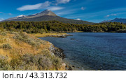 Beautiful autumn landscape of Patagonia. Yellowed grass and green forest grow on the shore of a blue lake. Ripples on the water. A mountain against an azure sky and clouds. Lapataia Bay. Argentina. Стоковое фото, фотограф Вера Ивановна Кубарева / Фотобанк Лори
