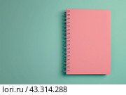 Pink Notebook. Spiral notepad on sage mute green color studio background. Top view. Open pad with blank white page. Greeting card mockup. Paper mock up. Modern Minimal business brand template. A6. Стоковое AI-изображение, AI-художник Марина Демидюк / Фотобанк Лори