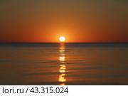 Incredible golden sunset over the Baltic sea. Sun disc hanging over the horizon line. The sea is calm and peaceful during this magic sunny summer sunset time. Стоковое фото, фотограф YuryKara / Фотобанк Лори