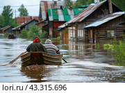 People in a boat evacuate from flooded houses in a small Russian village after a flood. Стоковое AI-изображение, AI-художник Коханова Наталья / Фотобанк Лори
