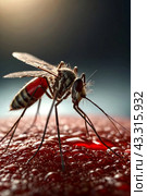 Close-up of striped mosquito on human skin, sucking human blood. Mosquitoes (Aedes aegypti), close up, macro photo. Carriers of dengue fever and malaria concept. Gen ai illustrate. Copy ad text space. Стоковое AI-изображение, AI-художник Aleksandr Golubev / Фотобанк Лори