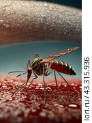 Close-up of striped mosquito on human skin, sucking human blood. Mosquitoes (Aedes aegypti), close up, macro photo. Carriers of dengue fever and malaria concept. Gen ai illustrate. Copy ad text space. Стоковое AI-изображение, AI-художник Aleksandr Golubev / Фотобанк Лори
