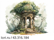 An old gazebo covered with moss and ivy, which stands in the middle of a dense forest. The gazebo is made in a classic style with columns and arches, but its stone structure has become significantly dilapidated and overgrown with plants, which gives it a fabulous and mystical look. Tall trees grow around the gazebo, creating a shady atmosphere and adding a sense of privacy and antiquity to the scene. Стоковое AI-изображение, AI-художник Анна Кривицкая / Фотобанк Лори