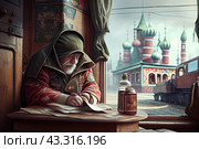 An elderly man with a gray beard and mustache sitting by the window in a wooden room. He is dressed in a traditional Russian caftan with a hood and is writing something on a piece of paper. On the table in front of him is an antique bottle of liquid. Outside the window you can see a train and Russian-style architecture with distinctive domes and decorations, adding historical context and the atmosphere of old Russia to the scene. Стоковое AI-изображение, AI-художник Анна Кривицкая / Фотобанк Лори