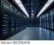 Server racks in computer network security server room data center. Стоковое AI-изображение, AI-художник Tatiana Syrtseva / Фотобанк Лори