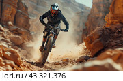 Mountain Biker Riding Through Desert Sand. Стоковое AI-изображение, AI-художник Юлия Гапеенко / Фотобанк Лори