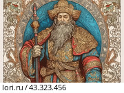 Portrait of a majestic man with a long gray beard and mustache, dressed in richly decorated historical clothing. On his head is a massive golden crown with exquisite patterns. In his hand he holds a rod, symbolizing power and might. The man's clothing is covered with intricate embroidery with gold and red elements. The background of the image is also decorated with detailed designs, including floral and animal motifs, highlighting the wealth and cultural heritage. Стоковое AI-изображение, AI-художник Анна Кривицкая / Фотобанк Лори