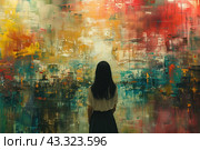 Woman from behind standing in front of a large abstract art canvas. The painting is made in bright and rich colors, mixing colors and creating a chaotic but mesmerizing sight. The woman is wearing a white blouse and a dark skirt, her hair is loose. She is standing, apparently, in a museum or art gallery, carefully examining a work of art. This scene conveys an atmosphere of contemplation and admiration for art. Стоковое AI-изображение, AI-художник Анна Кривицкая / Фотобанк Лори