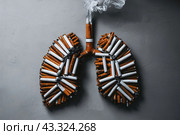 Human lungs consisting of many cigarettes and cigarette butts. Harm of smoking. Стоковое AI-изображение, AI-художник Евгений Ткачёв / Фотобанк Лори